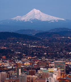 Skyline of Portland OR and Mt Hood